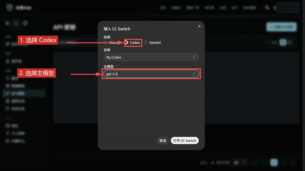 Codex 示例：应用选 Codex，再选择主模型