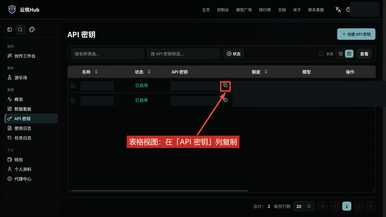 表格视图中从「API 密钥」列复制